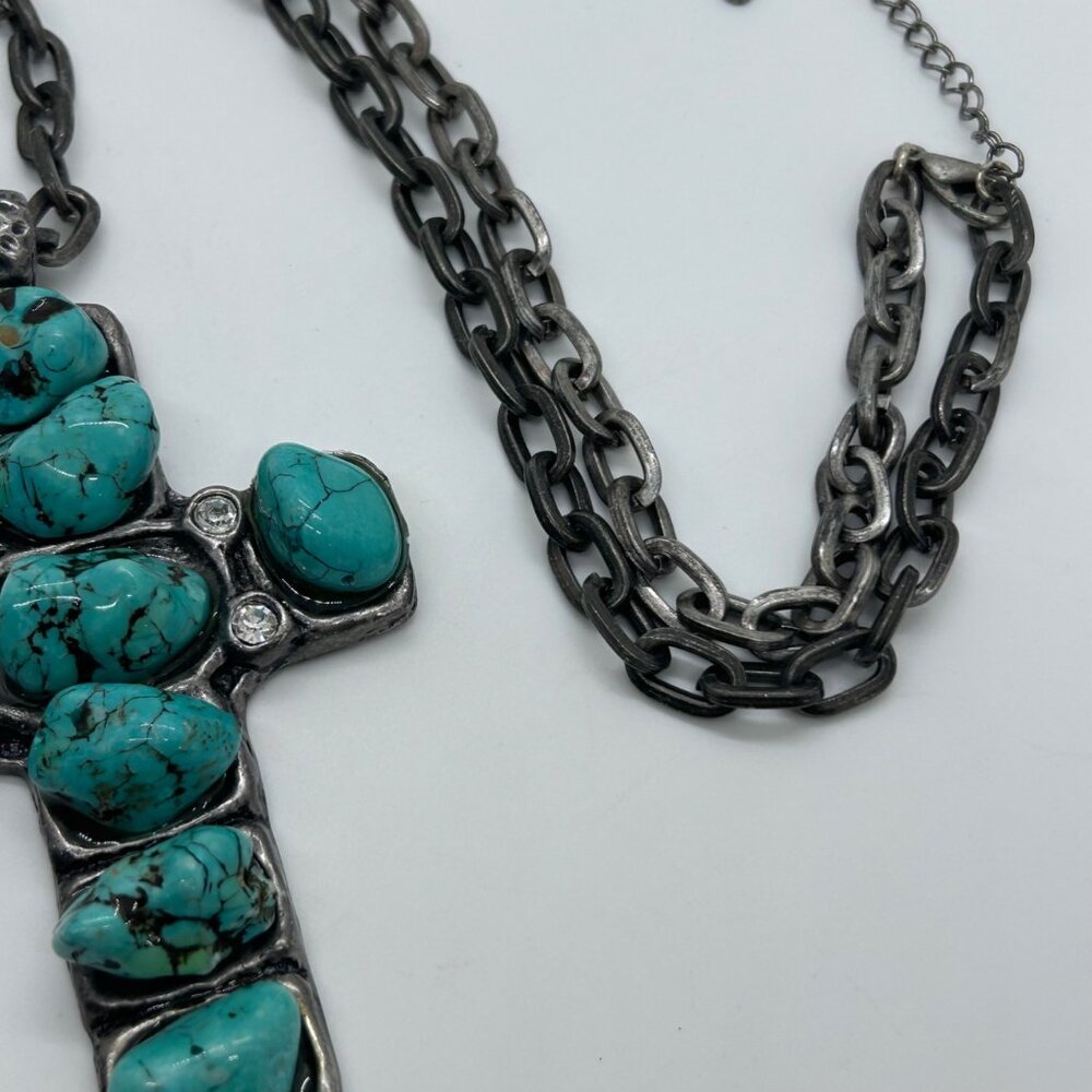 Turquoise Color Stone Cross Pendant Silver Tone Necklace Southwestern Boho - Picture 7 of 16
